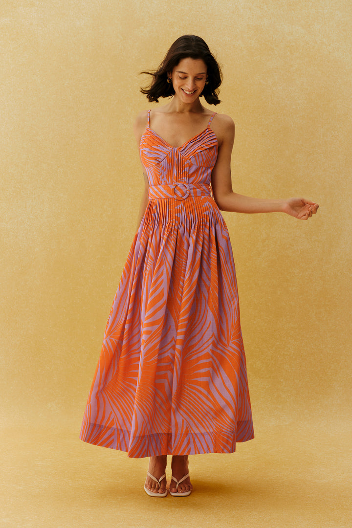 Taillengürtel Maxikleid mit Blattprint - KYMA