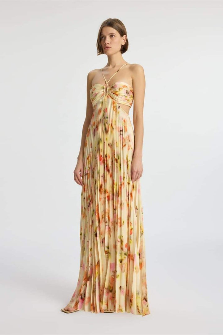 Leila Neckholder Cut-Out Plissee Maxikleid Frontansicht - KYMA