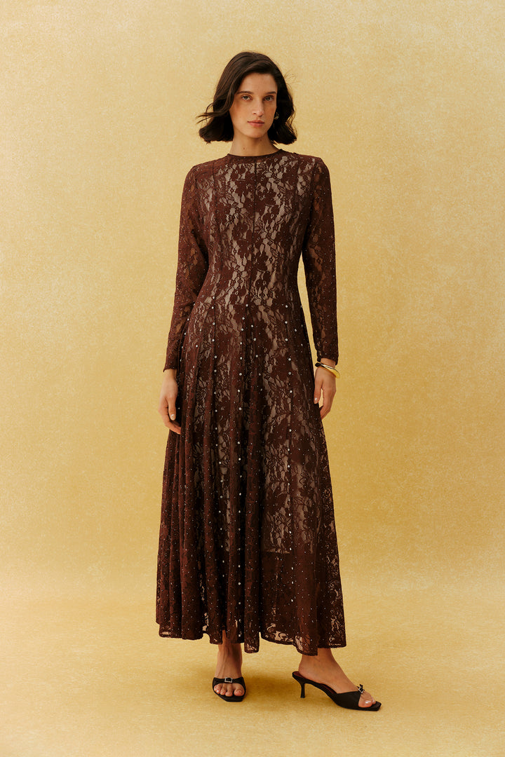 Braunes Spitzen Maxikleid mit langen Ärmeln und Verzierungen für Damen