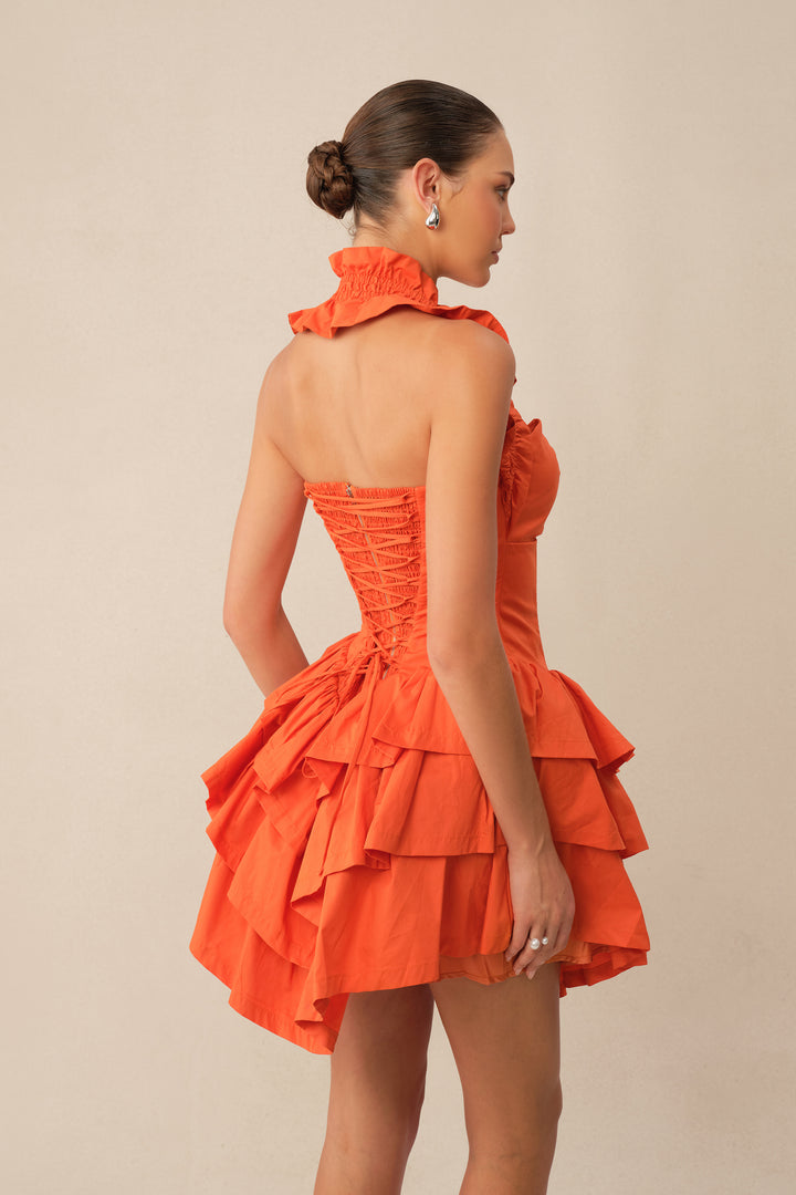Love The Moment oranges Minikleid mit Korsett und Rüschen Detail Ausschnitt