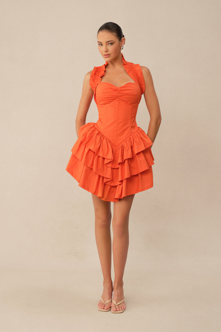 Love The Moment oranges Minikleid mit Korsett und Rüschen Rückansicht mit Schnürung