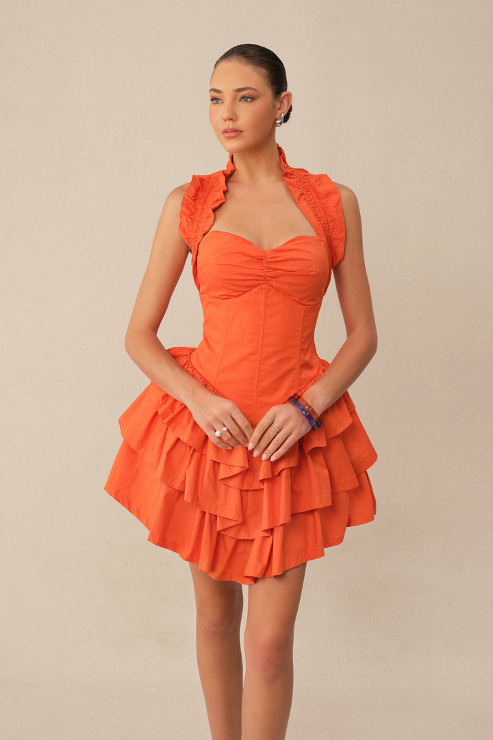 Love The Moment oranges Minikleid mit Korsett und Rüschen bei Nacht