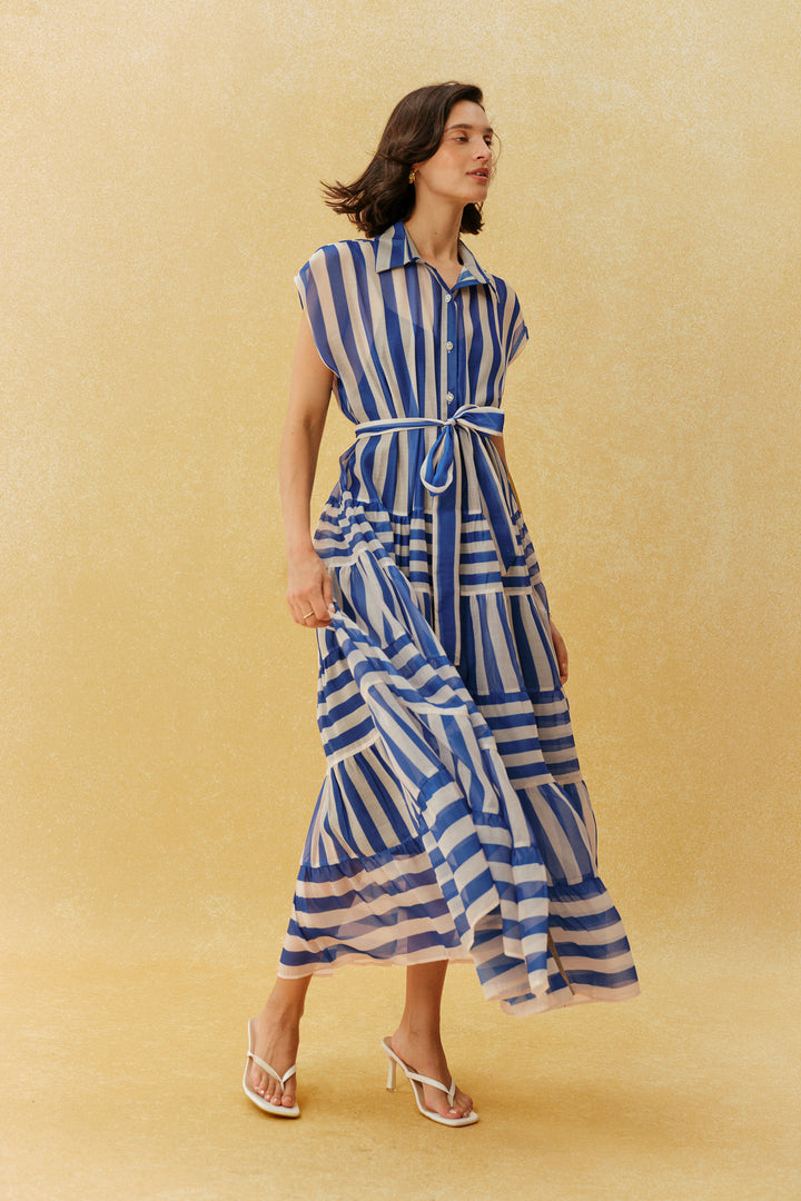 Blau gestreiftes Maxikleid mit Flügelärmeln Detail Rock - KYMA