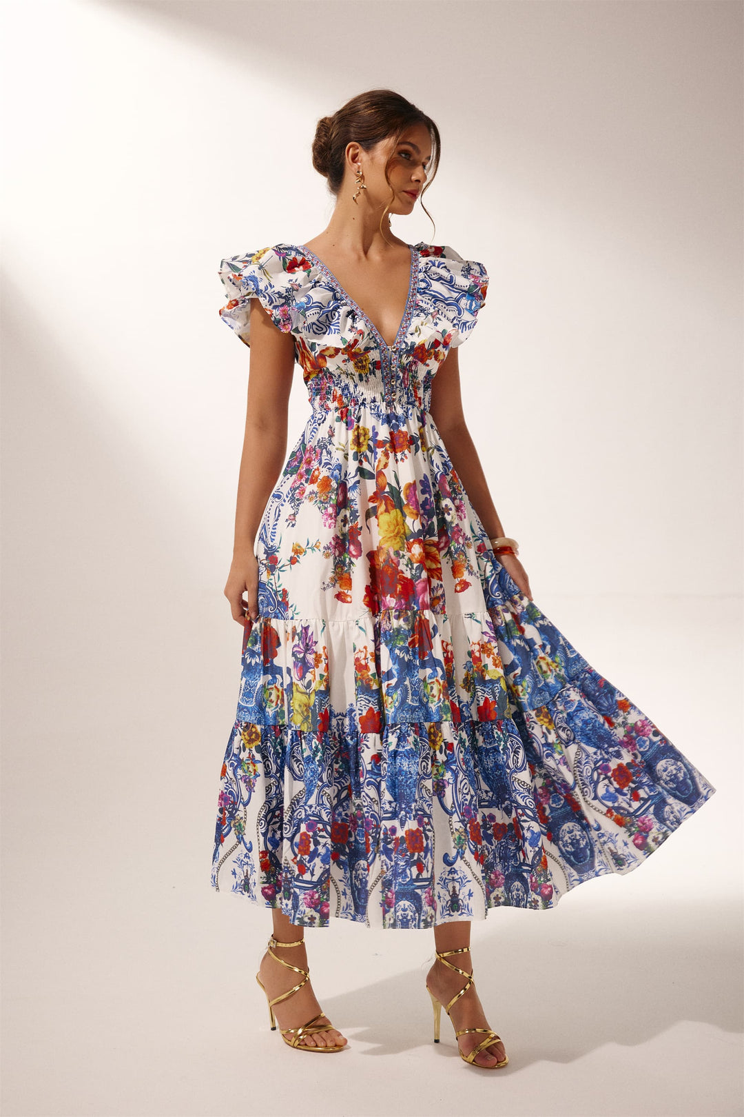 Martina fließendes Blumen-Maxikleid mit Rüschen von KYMA