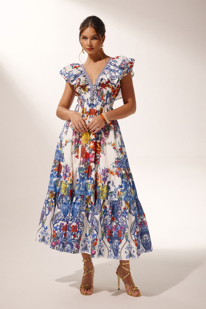 Martina Blumenmuster Rüschen Maxi-Kleid Rückansicht - KYMA