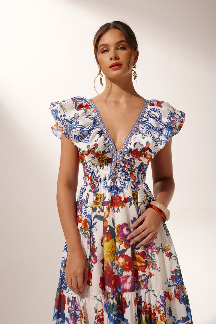 Martina Blumenmuster Rüschen Maxi-Kleid Detail Rüschen - KYMA