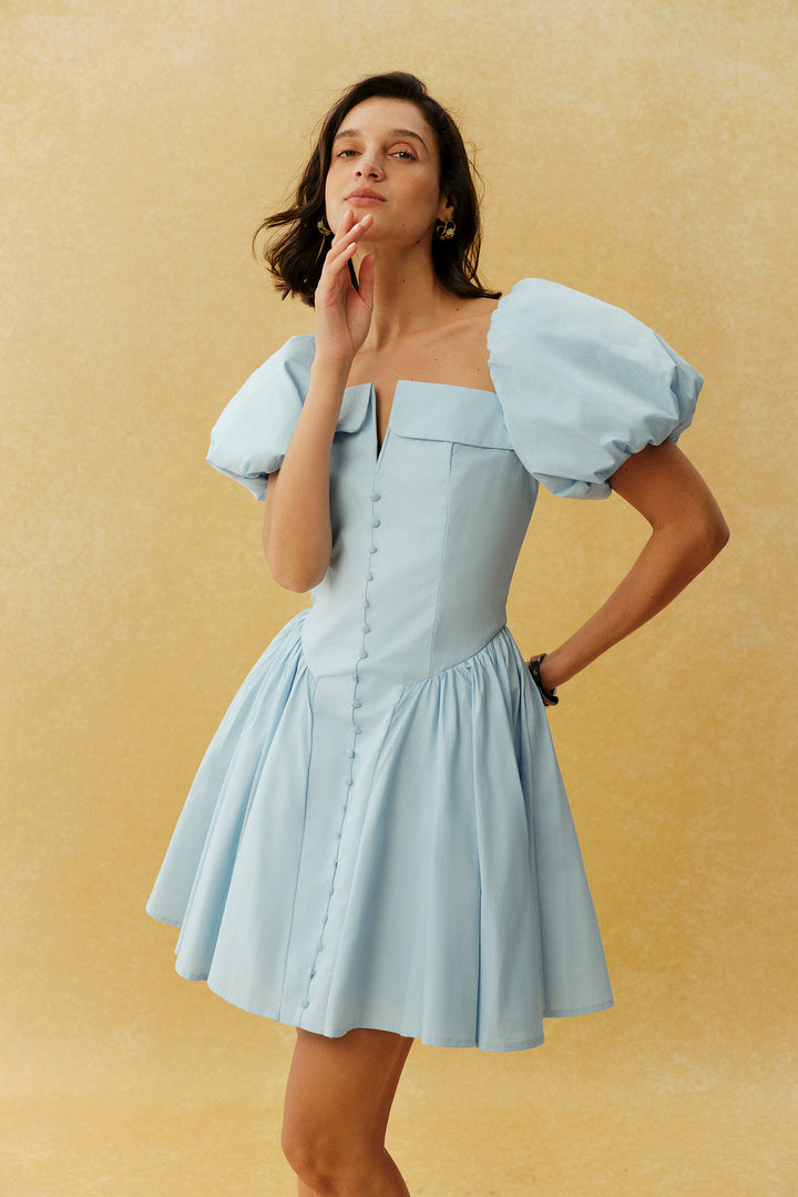 Keep It Sweet Blaues Mini-Kleid mit Puffärmeln und V-Ausschnitt – KYMA