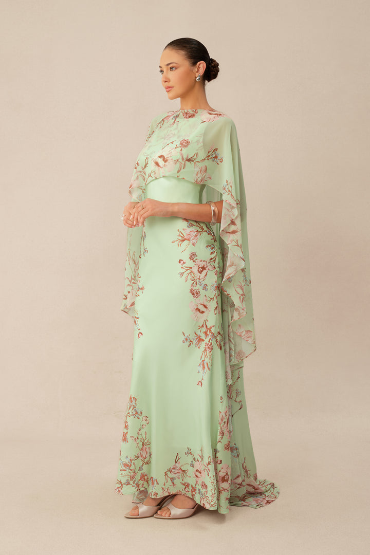 Mintgrünes Maxikleid mit Blumenprint und Cape – KYMA
