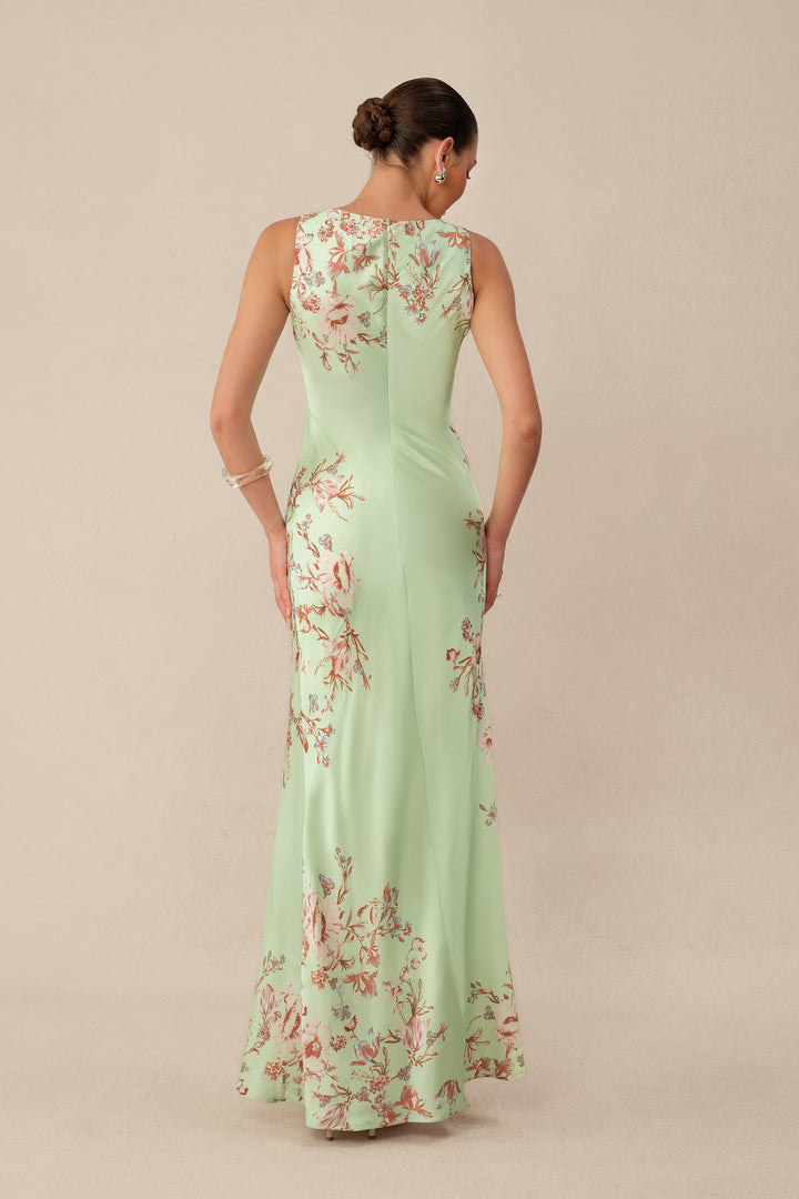 Mintgrünes Maxikleid mit Blumenprint und Cape – KYMA