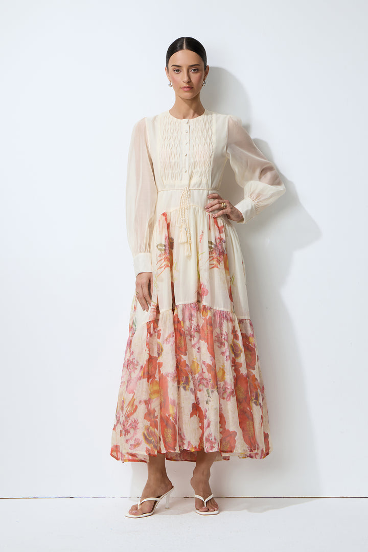 Beiges Maxikleid mit Blumenprint und transparenten Ärmeln - KYMA