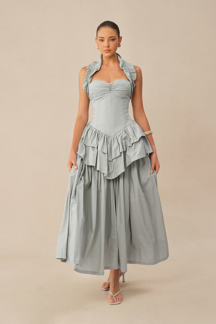 Blaues Neckholder-Maxikleid mit gestuften Rüschen für Damen - KYMA