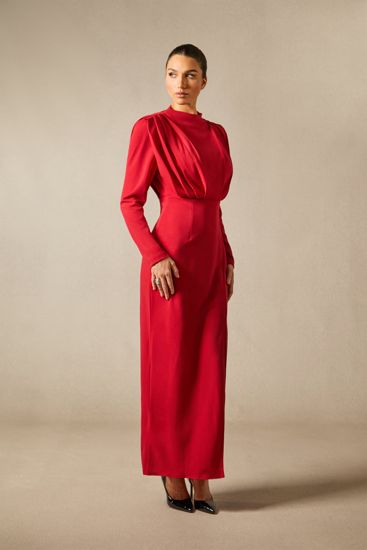 Detailaufnahme des Stoffes und der Ärmel des Novia Maxikleids - KYMA