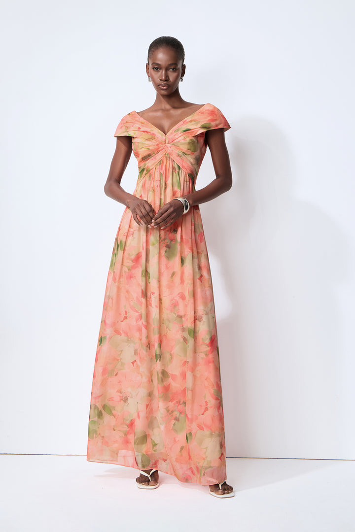 Rosa Maxikleid mit Blumenprint und Off-Shoulder-Schnitt, vorne - KYMA