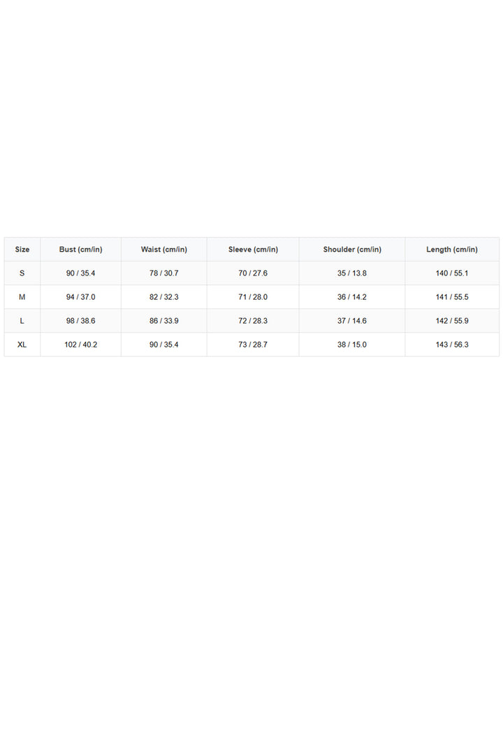 Größentabelle für das weiße Spitzen-Maxikleid von KYMA