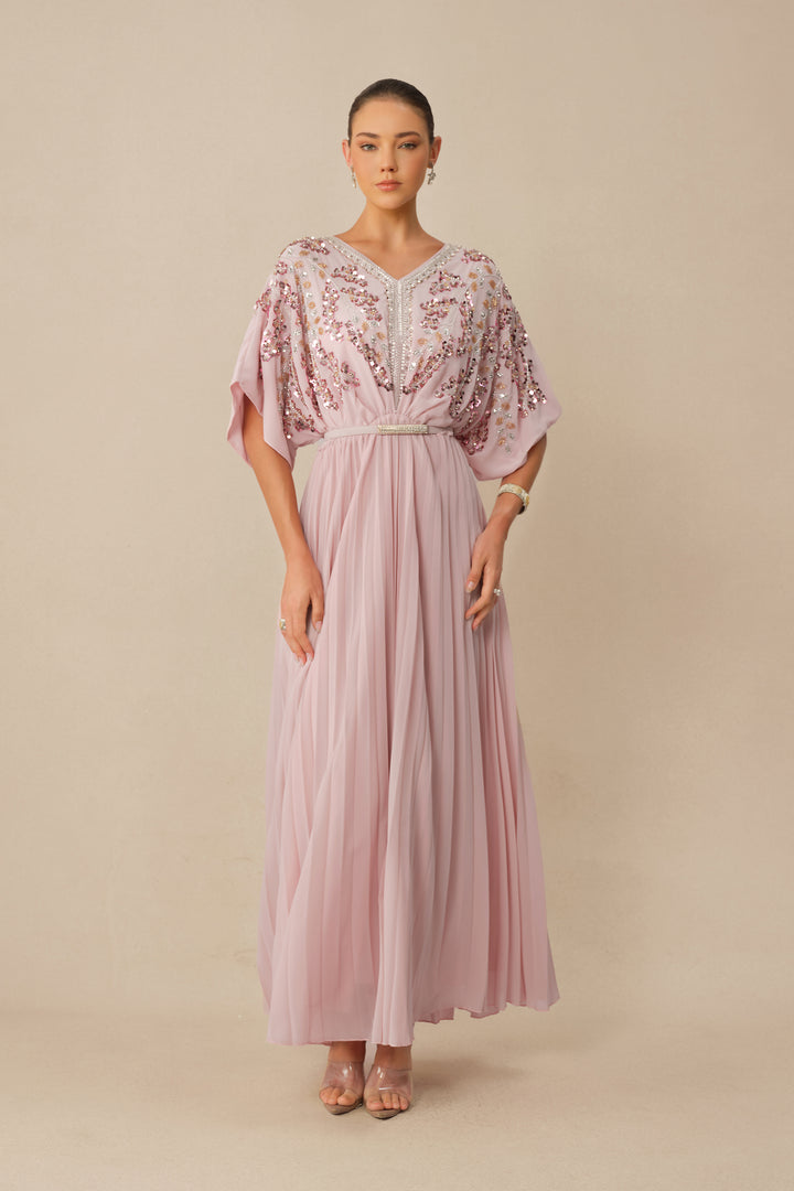 Rosa Maxikleid mit Pailletten und Fledermausärmeln - KYMA