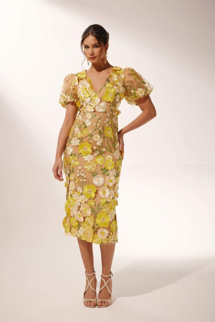 Sally Midikleid mit V-Ausschnitt und Blumenmuster von KYMA