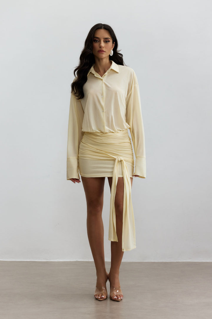 Sandy gerafftes Mini-Hemdblusenkleid Detail Raffung