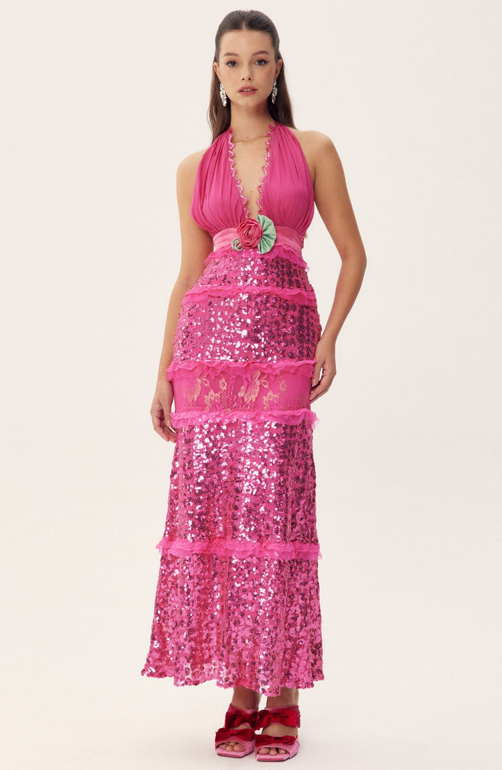 Sara Pailletten Maxikleid mit Neckholder Vorderansicht - KYMA