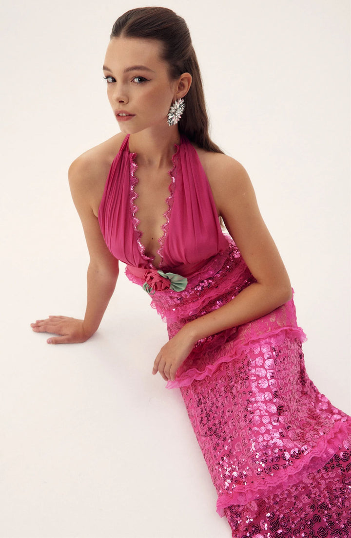 Sara Pailletten Maxikleid mit Neckholder Detailansicht - KYMA