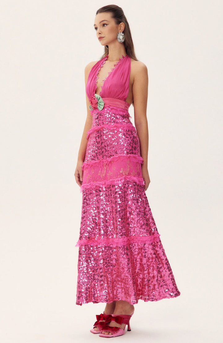 Sara Pailletten Maxikleid mit Neckholder an der Taille - KYMA