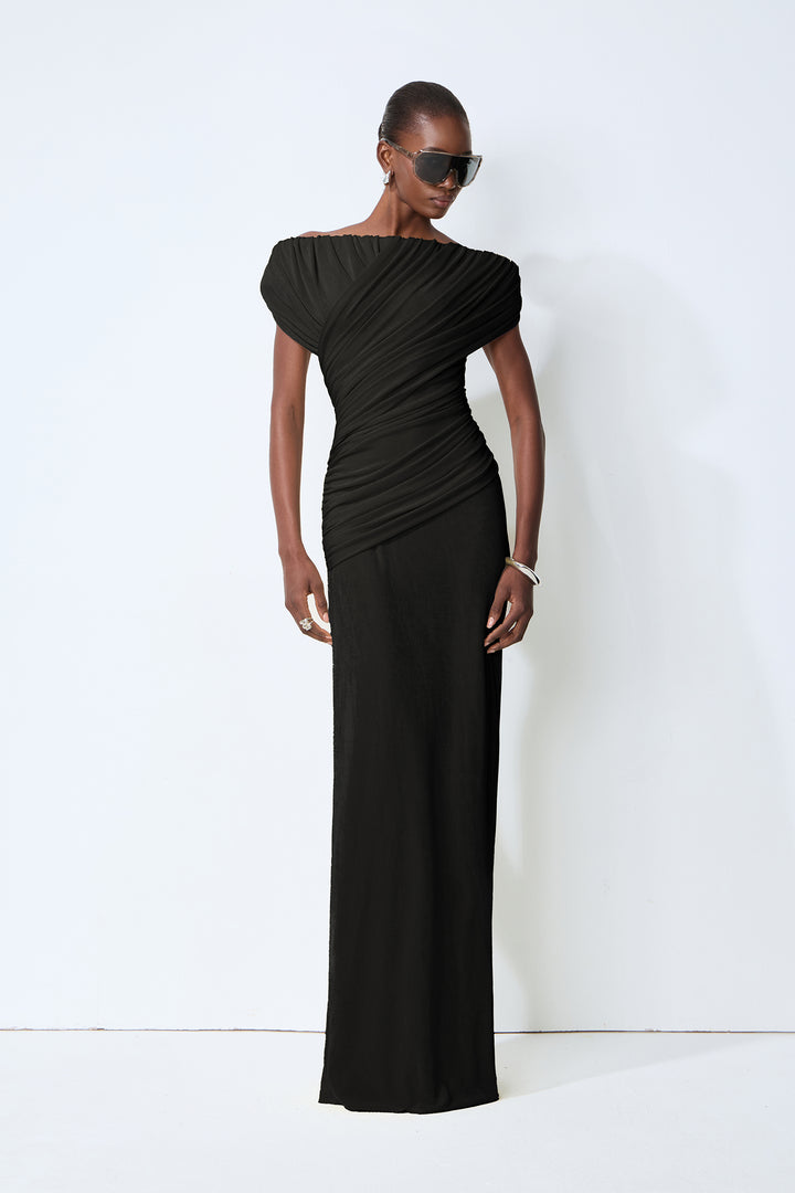 Schwarzes schulterfreies Maxikleid mit Raffung Detail 2