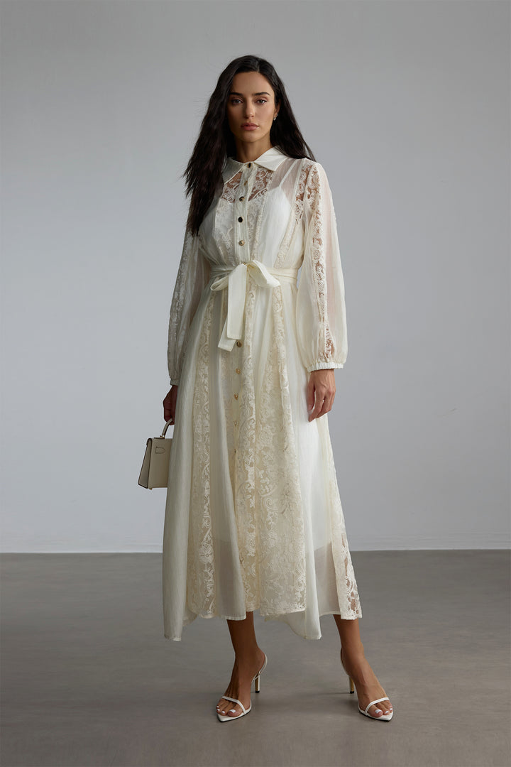 Serena Midi-Kleid mit Hemdkragen und Spitze Vorderansicht - KYMA