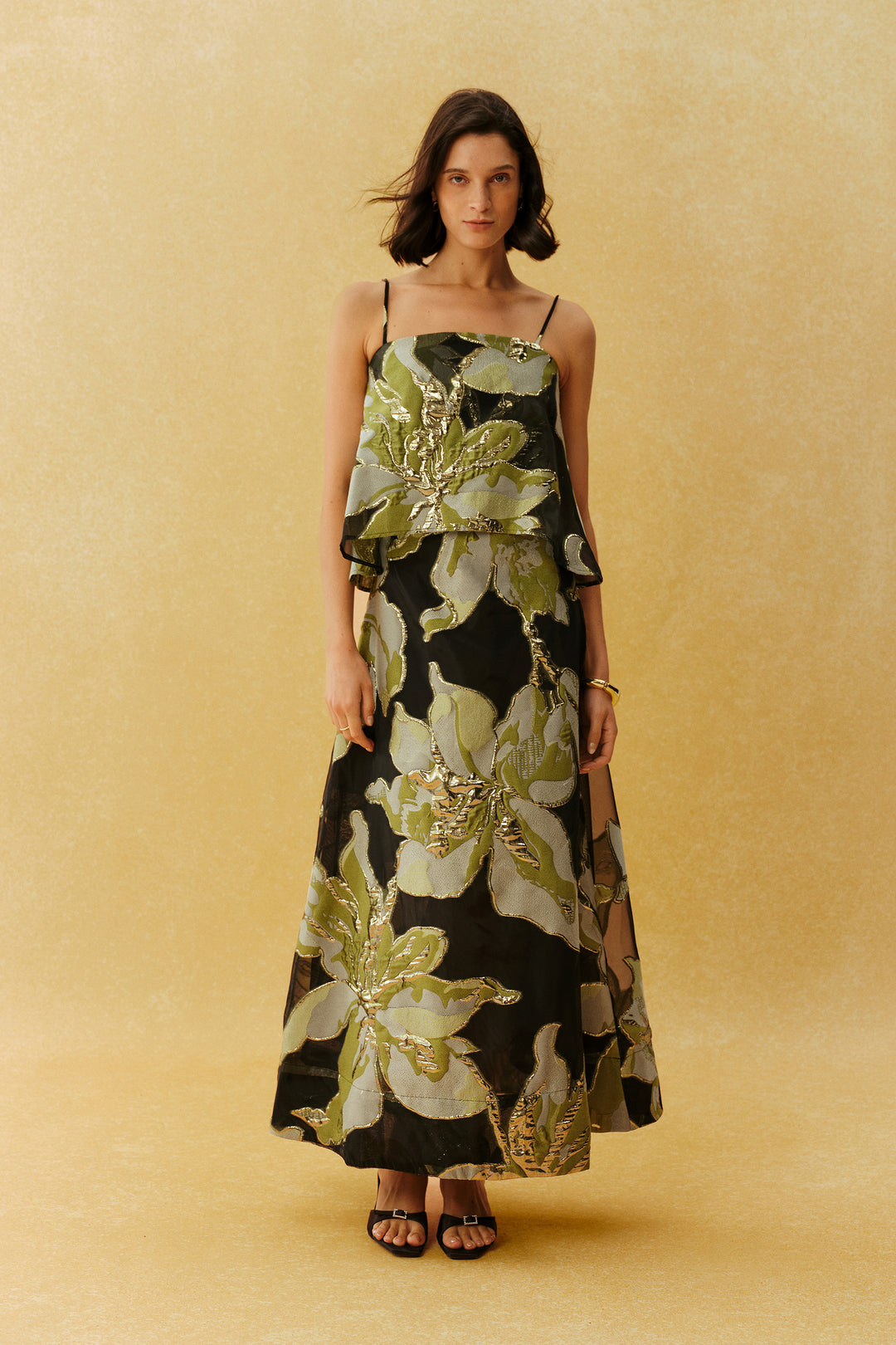 Schwarzes, florales Maxikleid mit Spaghettiträgern - KYMA