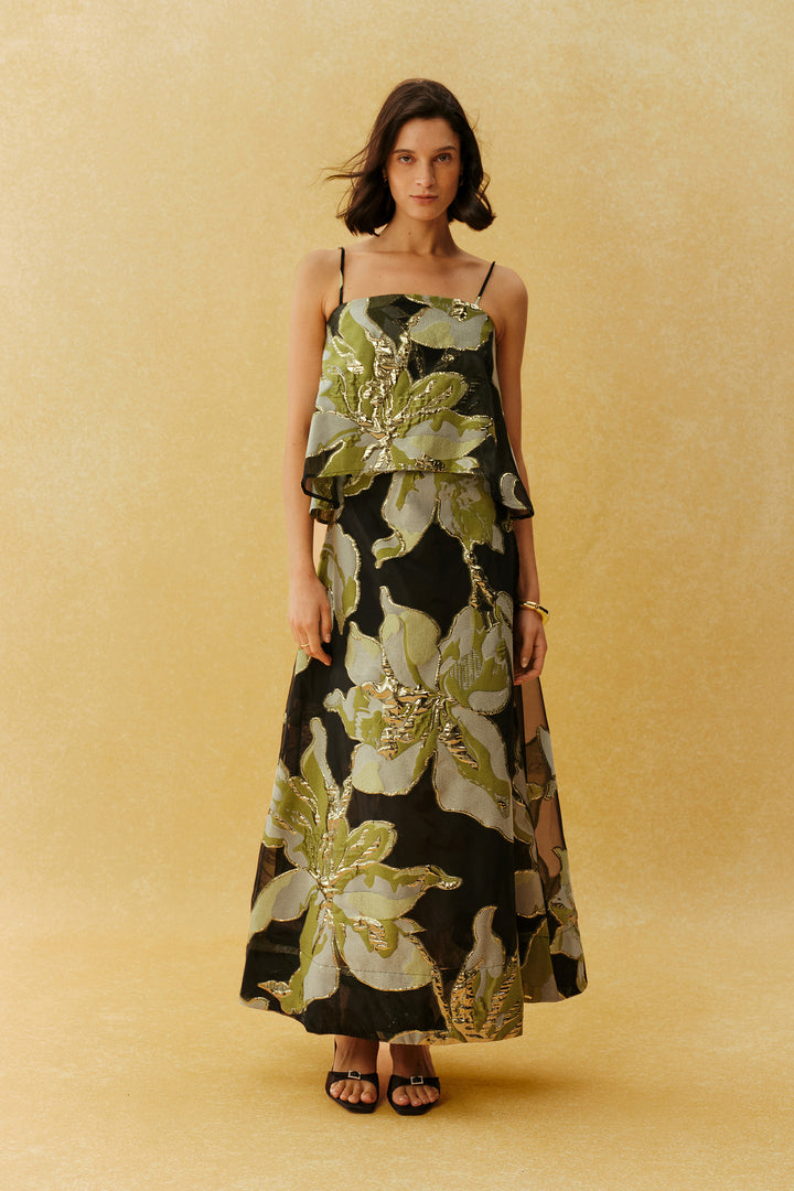 Schwarzes, florales Maxikleid mit Spaghettiträgern - KYMA
