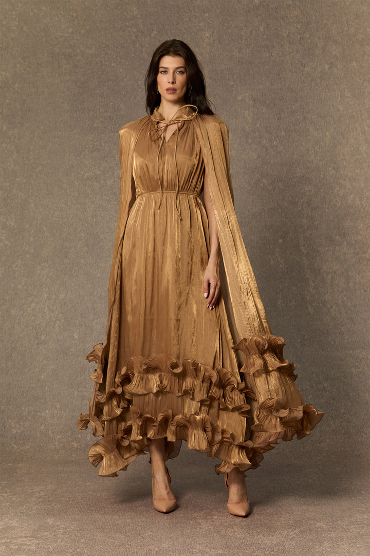 Shirley Cape Effect Rüschen Midikleid Vorderansicht - KYMA