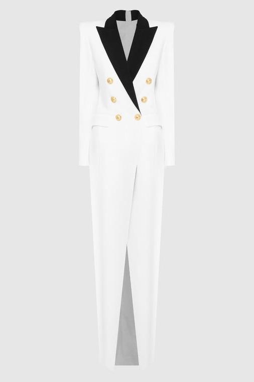 Detail der Knöpfe am Silas Colorblock Tuxedo Maxi Blazer Kleid - KYMA
