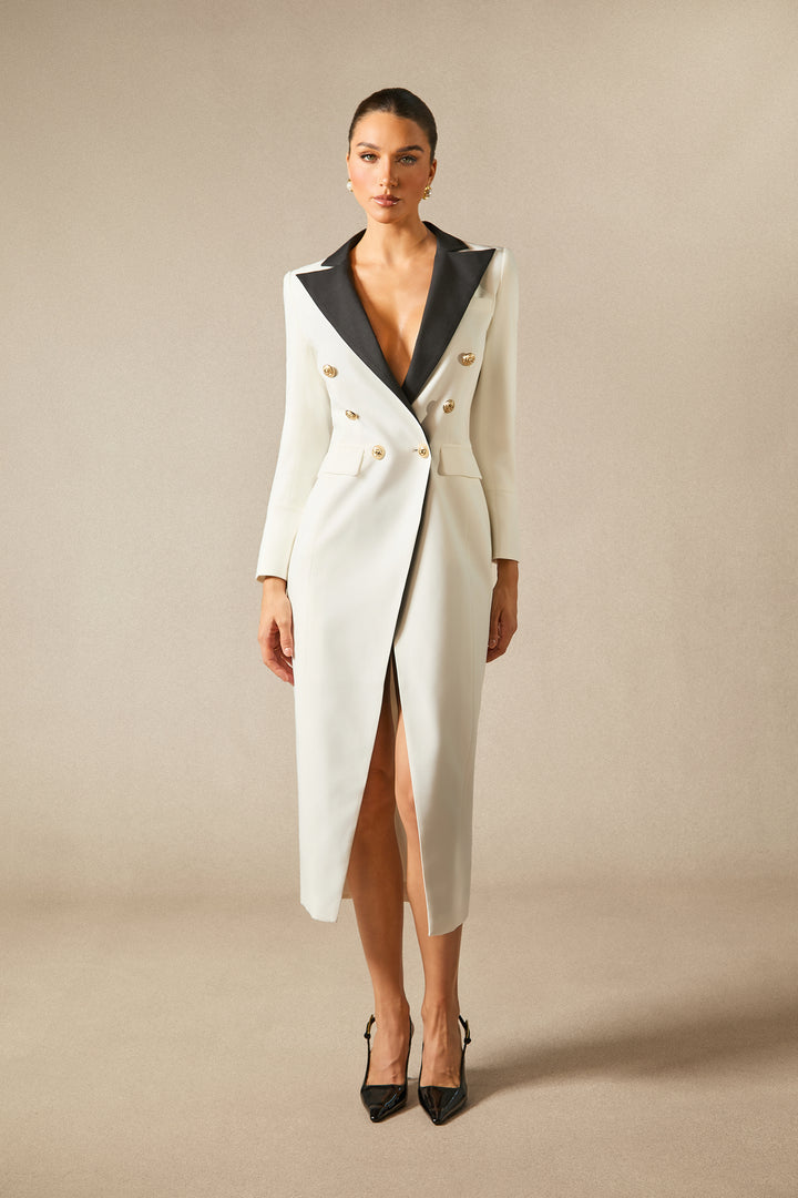 Silas Colorblock Smoking-Maxi-Blazer-Kleid mit V-Ausschnitt - KYMA