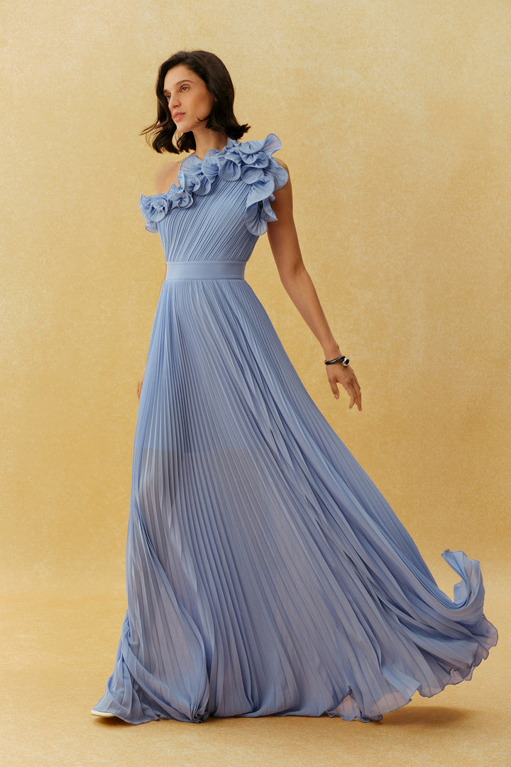 Soft Night Blaues One-Shoulder-Maxikleid mit Rüschen und Falten Stoff - KYMA