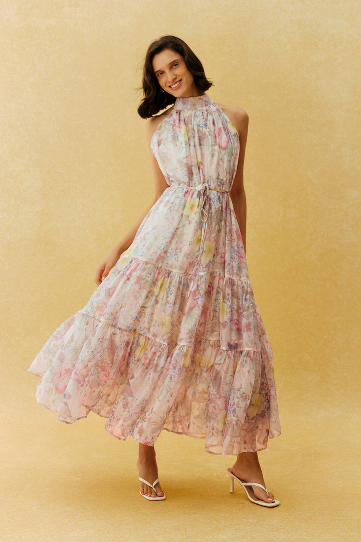 Stay In The Garden pinkes Maxikleid mit Blumenmuster und Spaghettiträgern Detail Träger