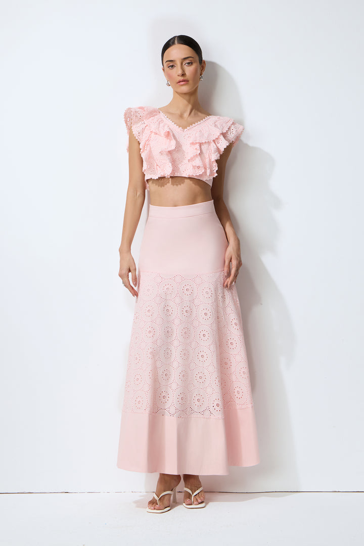 Rosa Crop Top und Rock Set mit Ösenstickerei – KYMA