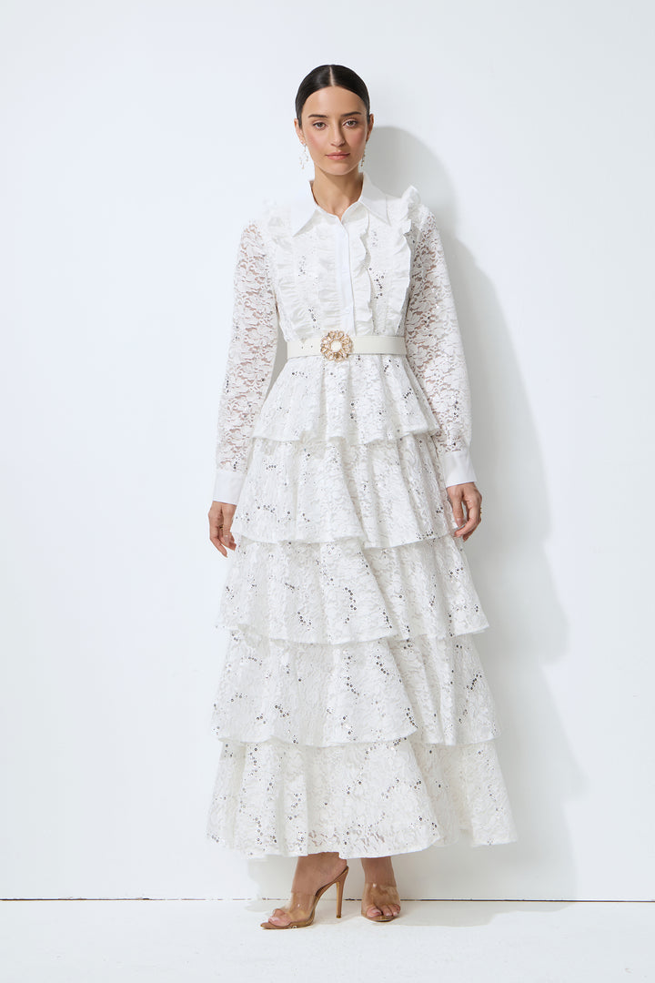 Sunkiss Veil Weißes, mit Pailletten verziertes Stufen-Maxikleid aus Spitze – KYMA