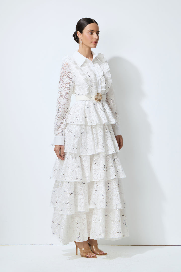 Maxikleid mit Rüschenrock und Spitze – KYMA