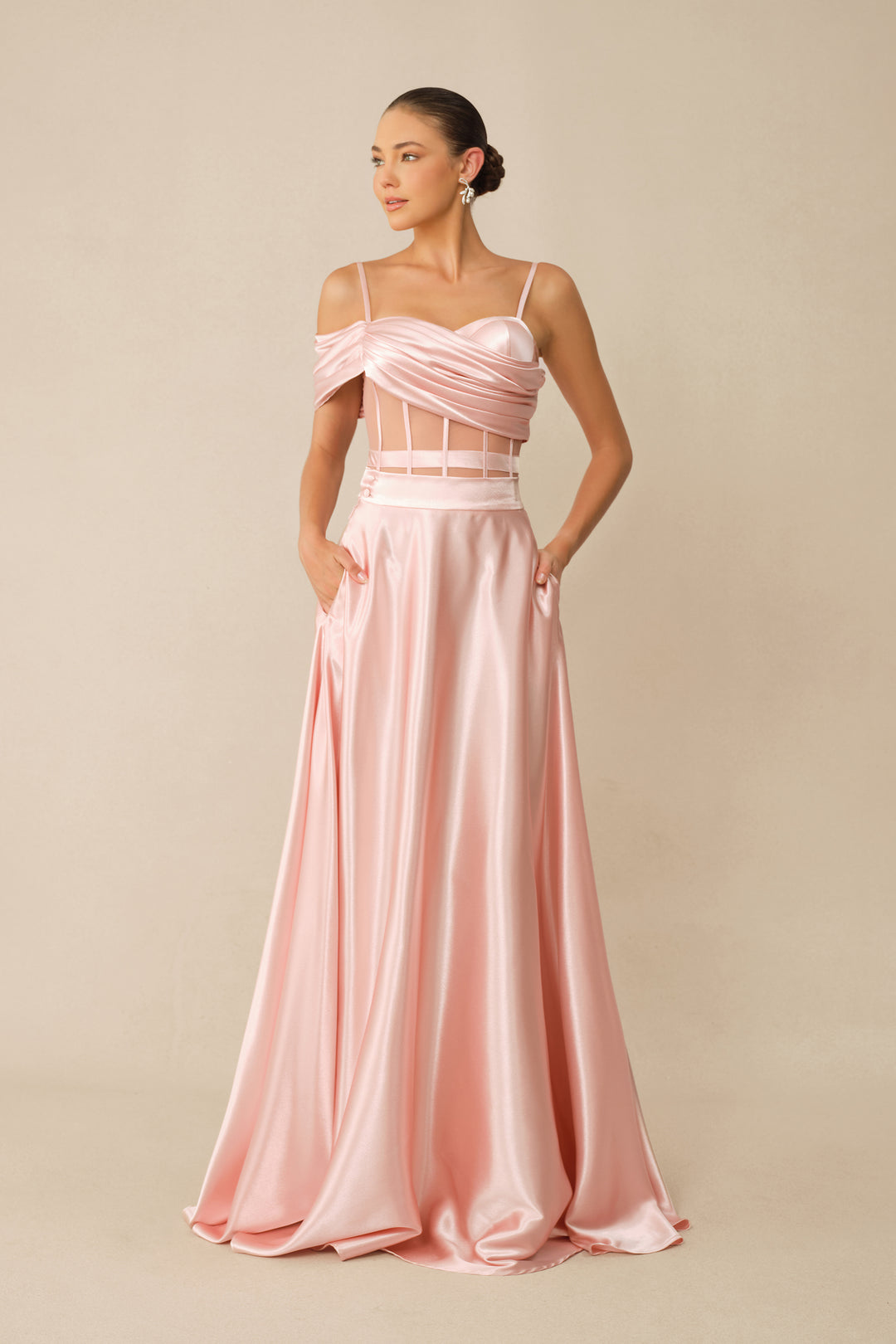 Sweet Aura Pink Korsett Off-Shoulder Top & Satinrock Set