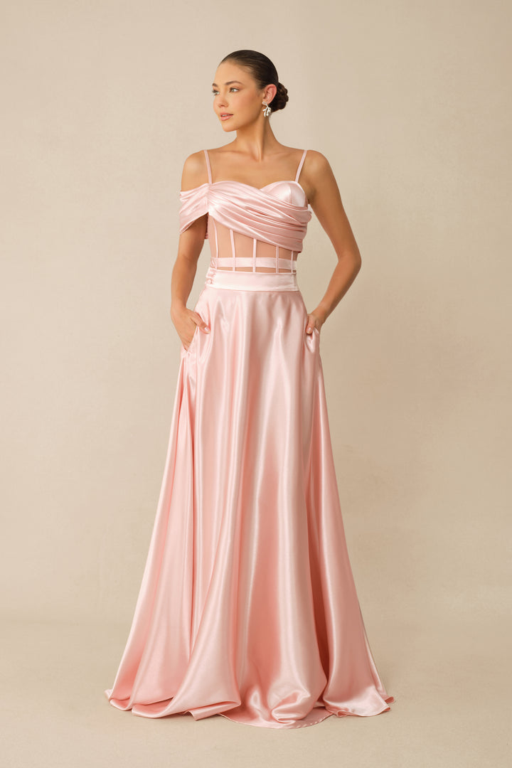 Sweet Aura Pink Korsett Off-Shoulder Top & Satinrock Set