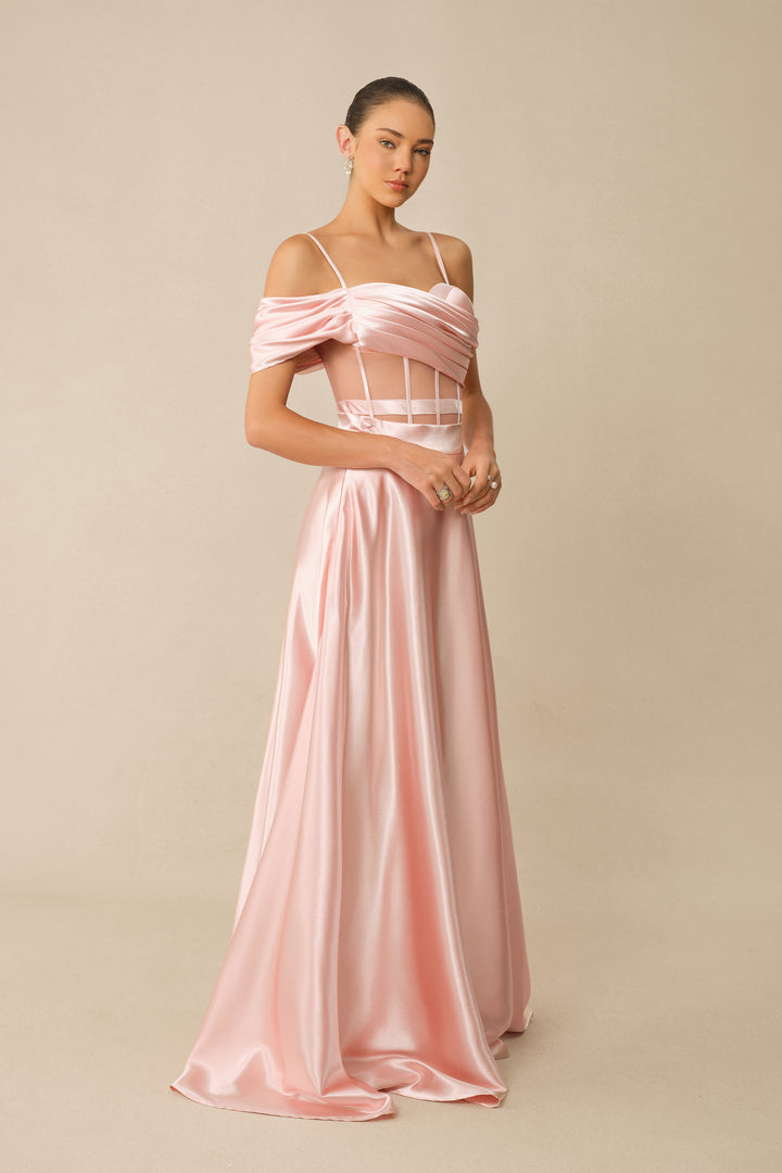 Model wearing Sweet Aura Pink Satin Skirt