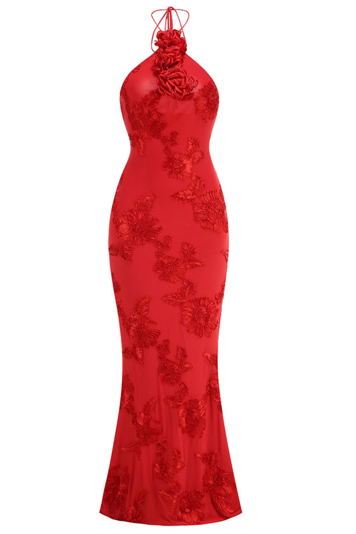 Rückenansicht des Trista 3D Blumen Halter Maxi-Kleid - KYMA
