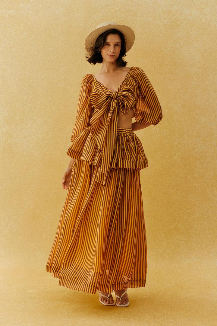 Verbrannt orange gestreiftes Crop Top mit Bindeband und Maxirock, vorne