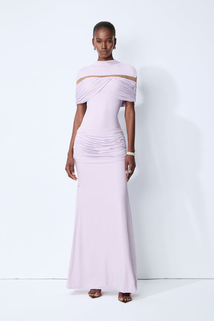 Violettes Maxikleid mit Raffung und schulterfreiem Design