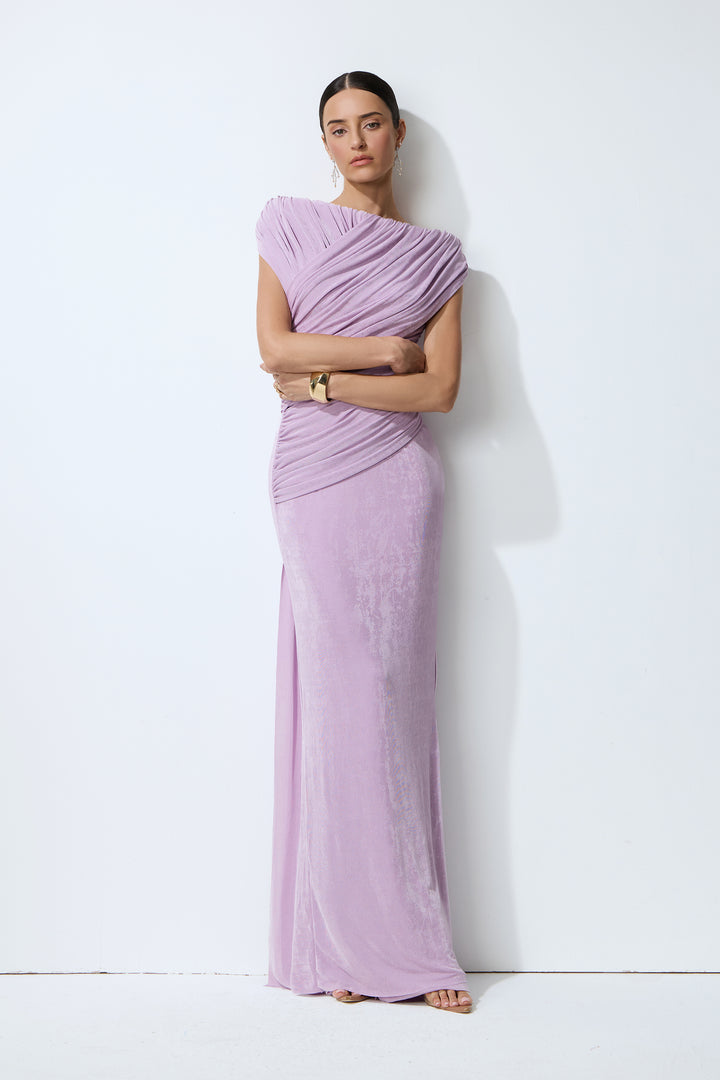 Lila One-Shoulder Maxikleid mit Raffung - KYMA