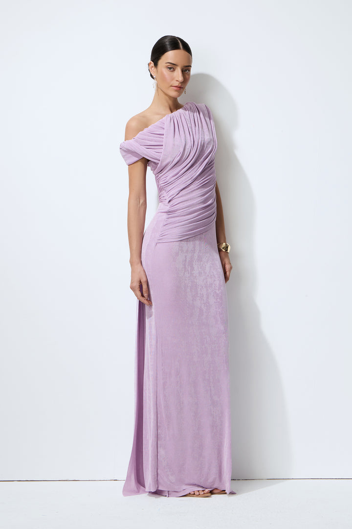 Lila One-Shoulder Maxikleid mit Raffung - Rückenansicht - KYMA