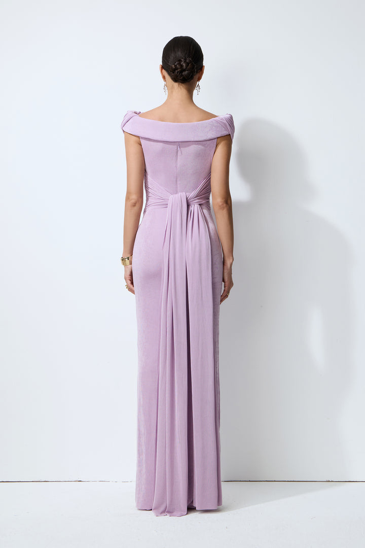 Lila One-Shoulder Maxikleid mit Raffung - Stoffdetail Samt - KYMA