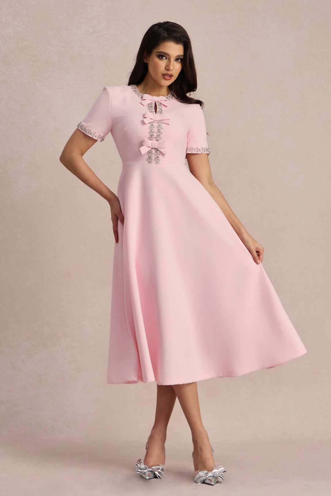 Zoe MIDI-KLEID MIT KRISTALLBESATZ UND SCHLEIFEN-DETAIL